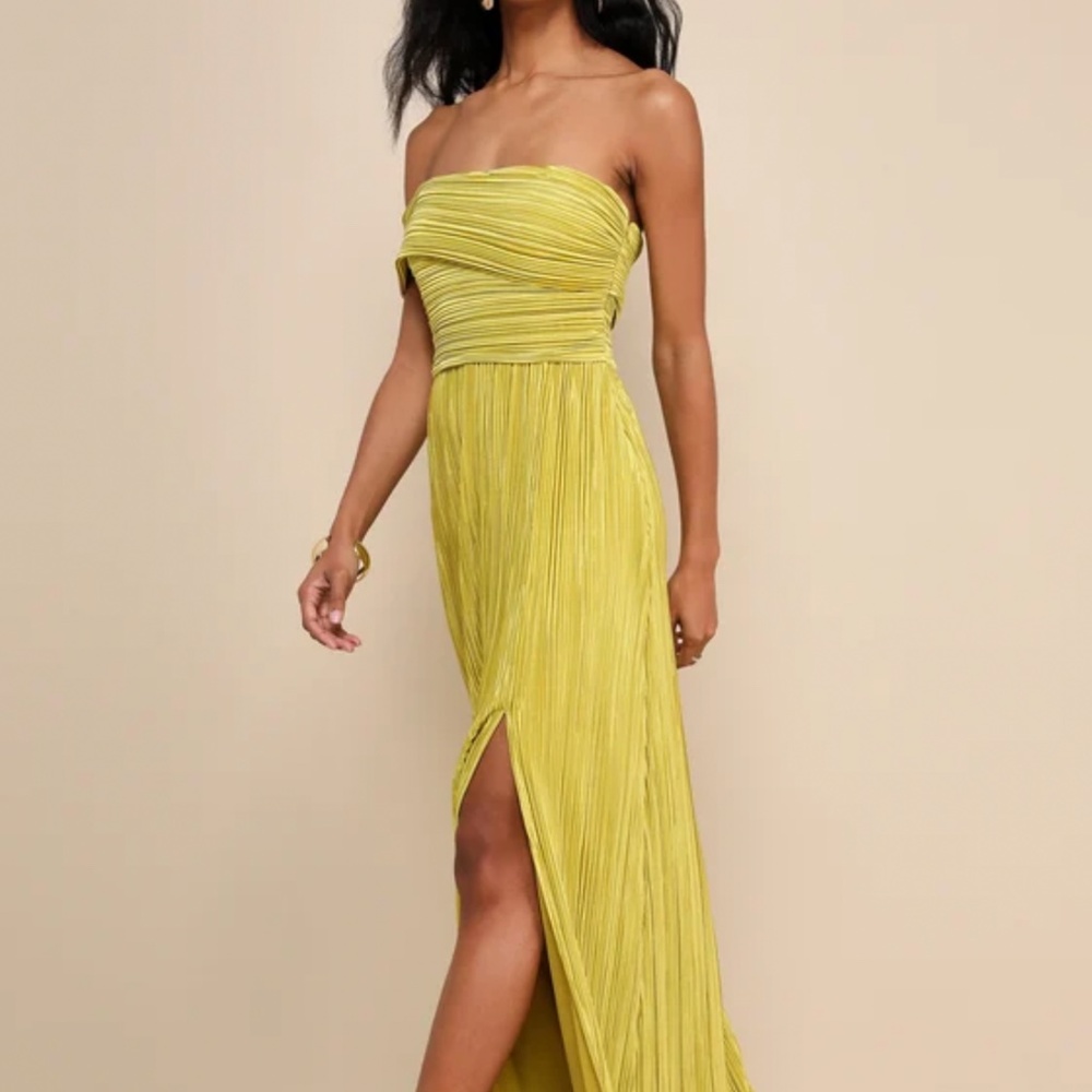 Lulus Poised Performance Chartreuse Plisse One-shoulder Maxi Dress - Picture 3 of 5